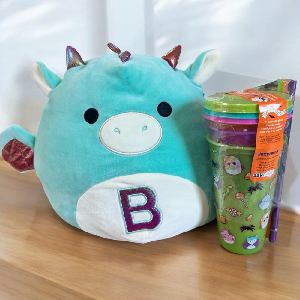 Squishmallows Glow In The Dark 3 Tumbler Set Squishmallow 12” Miles The Dragon - Picture 1 of 12